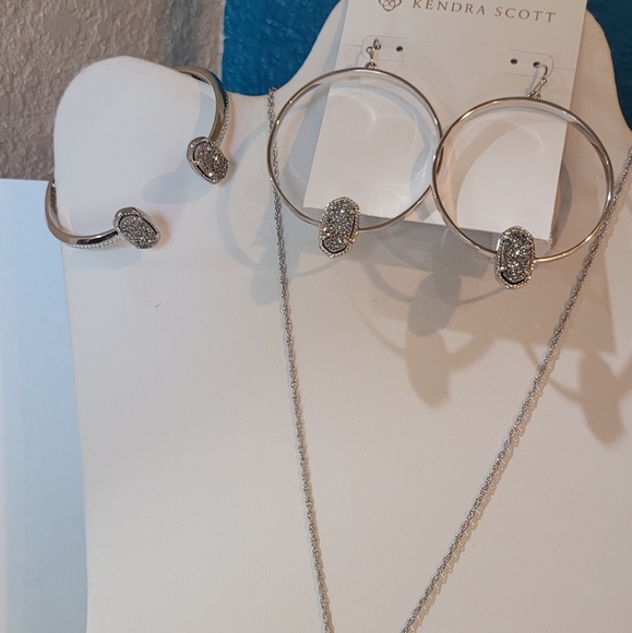 3 NWT Kendra Scott Platinum Drusy Silver Jewelry Pieces Kendra Scott Set Sparkly - Picture 3 of 10